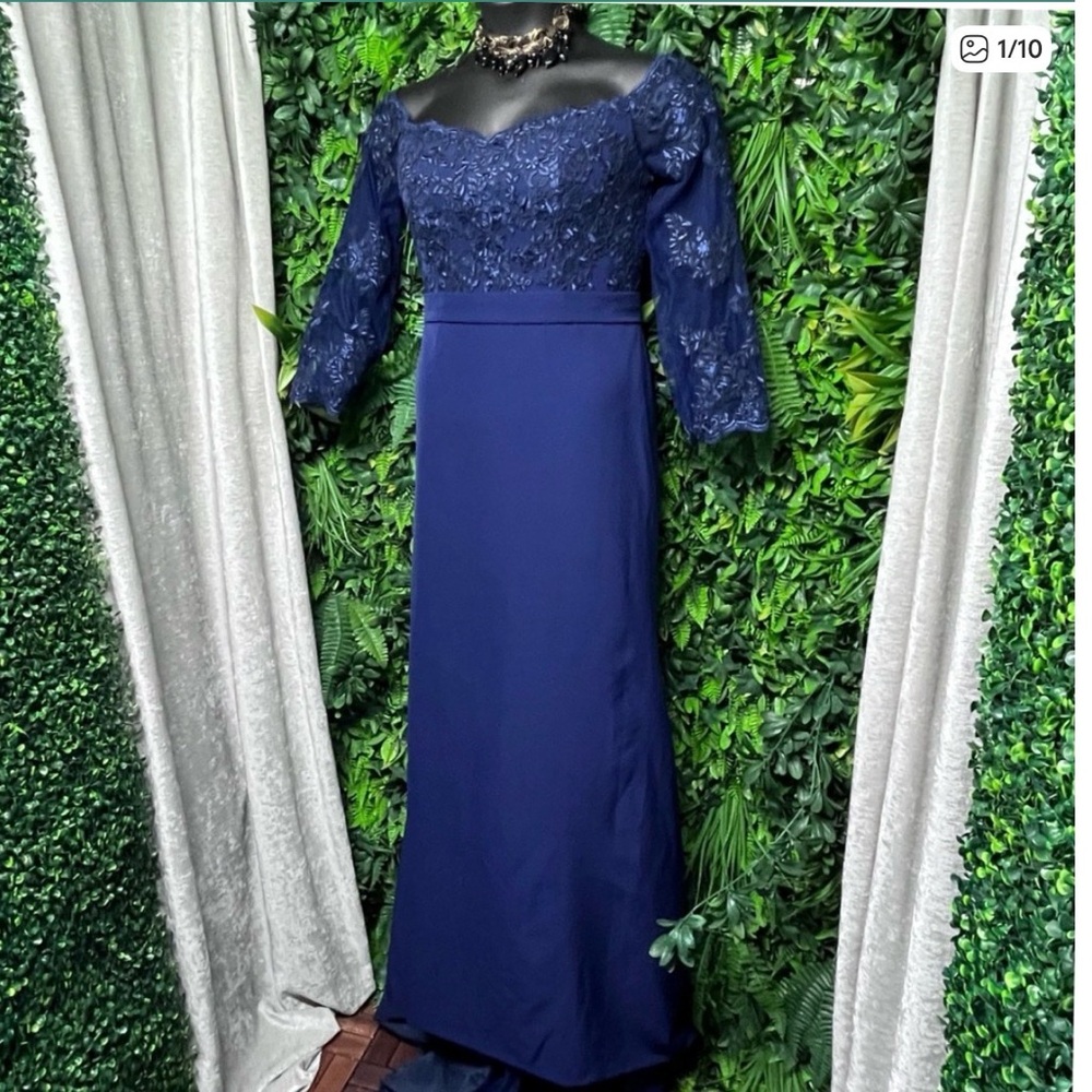 Elegant Dress XL Navy Blue Off Shoulder Lace Evening Gown Formal Occasion